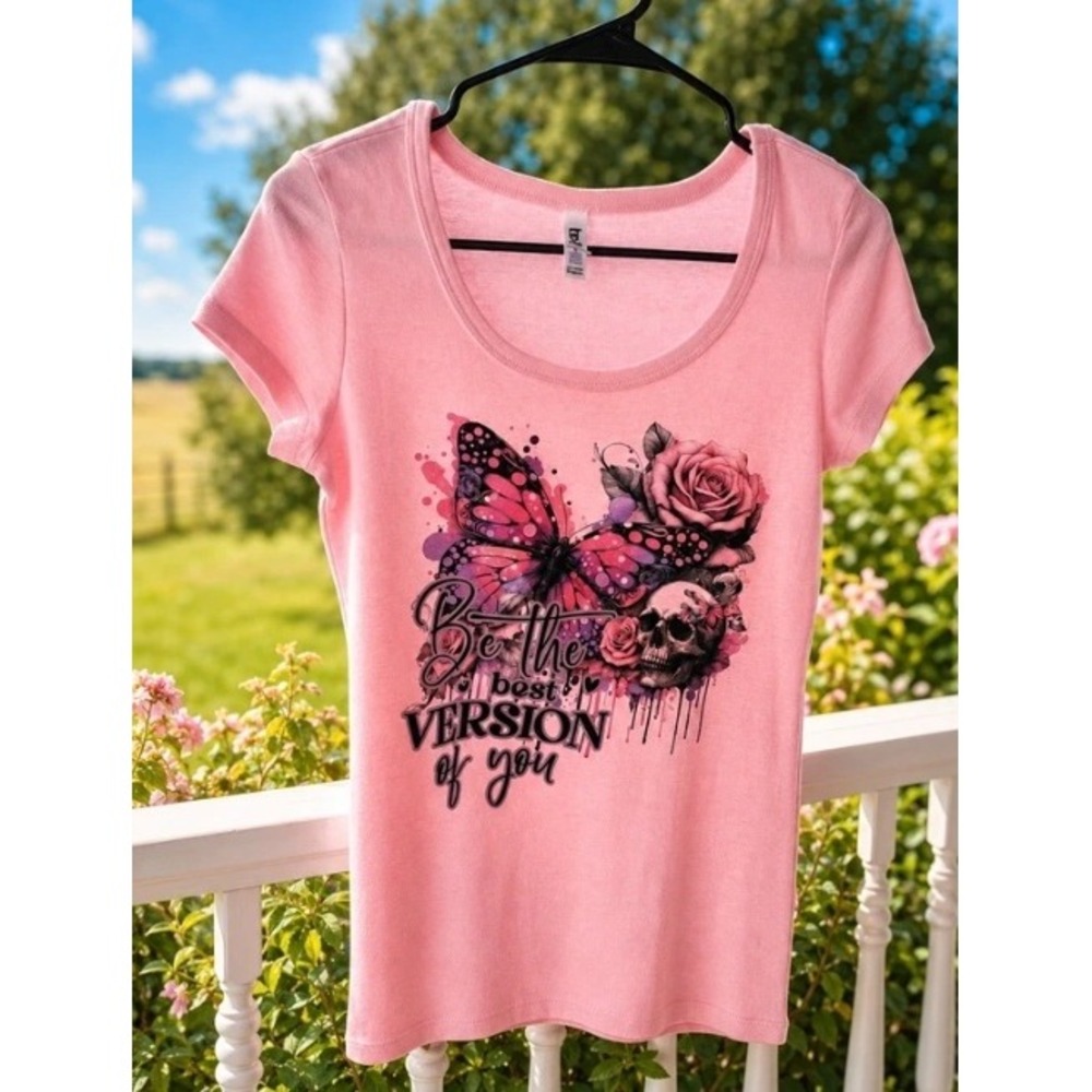 Bella Canvas Pink Graphic Tee Butterfly Skull Rose Be The Best Version Of You L